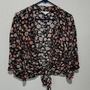 Pink Rose Black Floral Tie-Front Blouse